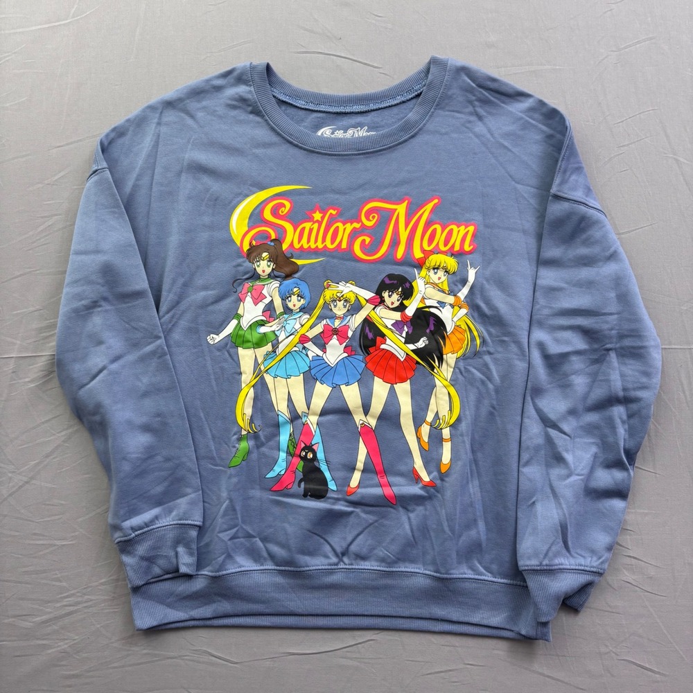 Sailor Moon Graphic Sweatshirt Blue Anime Crewneck Pullover Medium Cozy